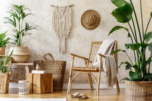 Boho chic living room with woven baskets and plants