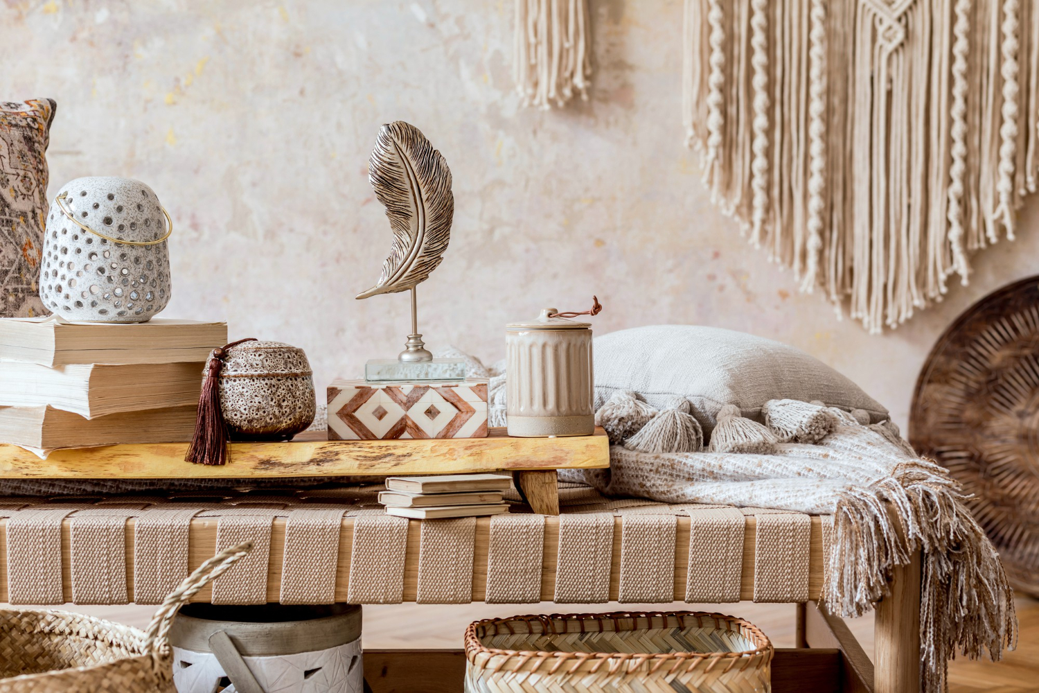 Boho chic decor with textured items and earthy accents